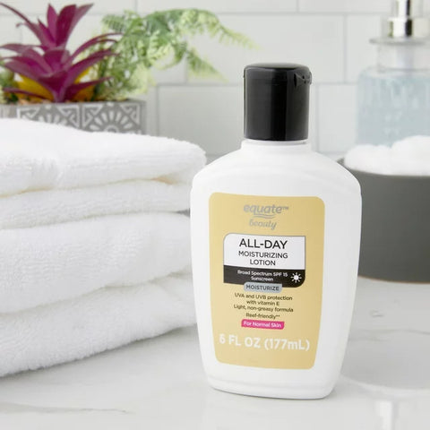 Equate Beauty All Day Moisturizing Sunscreen Lotion | for Normal Skin | Broad Spectrum SPF 15, 6 Fl oz Equate Beauty All Day Moisturizing Sunscreen Lotion | for Normal Skin | Broad Spectrum SPF 15, 6 Fl oz