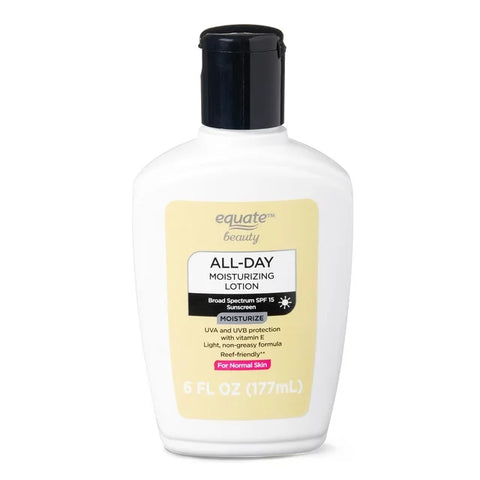 Equate Beauty All Day Moisturizing Sunscreen Lotion | for Normal Skin | Broad Spectrum SPF 15, 6 Fl oz Equate Beauty All Day Moisturizing Sunscreen Lotion | for Normal Skin | Broad Spectrum SPF 15, 6 Fl oz