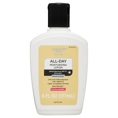 Equate Beauty All Day Moisturizing Sunscreen Lotion for Normal Skin Broad Spectrum SPF 15, 6 Fl oz Equate Beauty All Day Moisturizing Sunscreen Lotion for Normal Skin Broad Spectrum SPF 15, 6 Fl oz