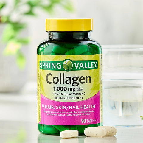 Spring Valley Collagen Type 1 & 3 Plus Vitamin C Hair, Skin & Nails Supplement Tablets, 1,000 mg, 90 Count