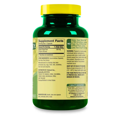 Spring Valley Ginger Root Digestive Health Supplement Capsules, 550mg, 100 Veg Capsules, Non-GMO, Gluten-Free