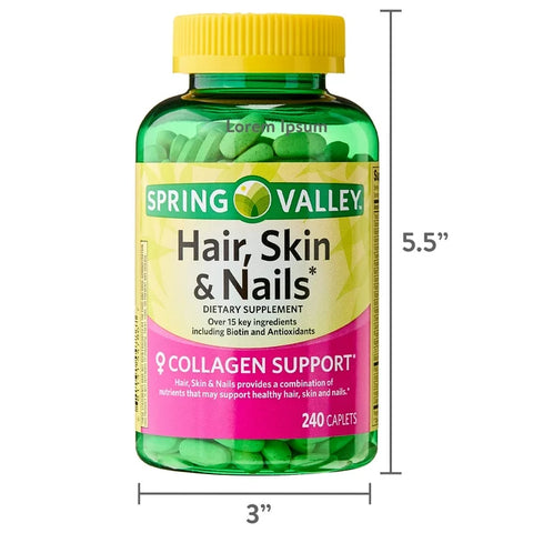 Spring Valley Hair, Skin & Nails Caplets Dietary Supplement, 240 Count
