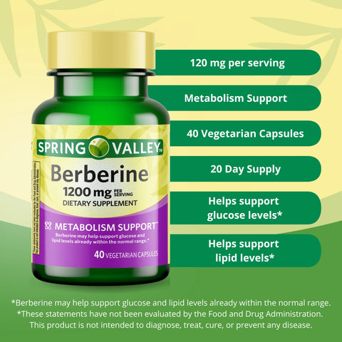 Spring Valley Berberine Metabolism Support Supplement, 1200 mg, 40 Vegetarian Capsules, 20-Day Supply