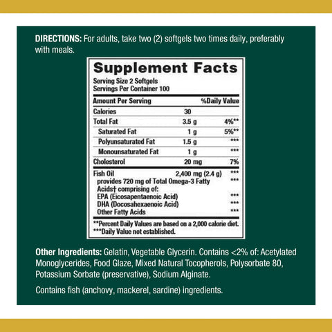 Nature’s Bounty Fish Oil Softgels with Omega-3 Fatty Acids for Heart Health, 1200 mg, 200 Ct