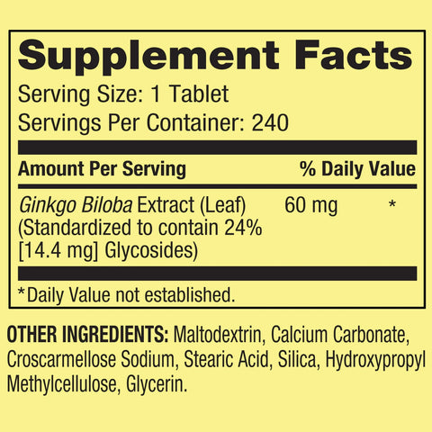 Spring Valley Standardized Extract Ginkgo Biloba Tablets, 60 mg, 240 Count