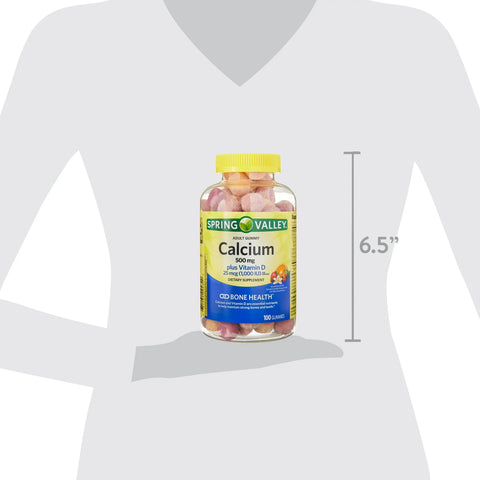 Spring Valley Calcium 500 mg Plus Vitamin D 25 mcg Bone Health Dietary Supplement Gummies, 100 Count