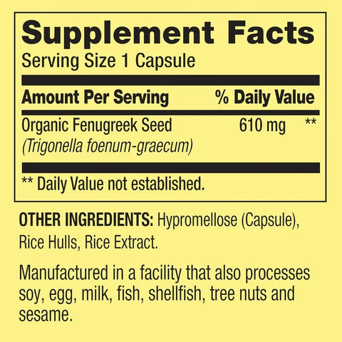 Spring Valley Fenugreek General Wellness Dietary Supplement, 610 mg, 100 Vegetarian Capsules