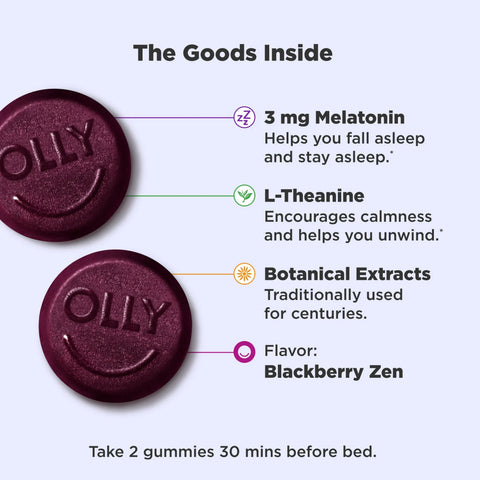 OLLY Sleep Gummy Supplement, 3mg Melatonin, L-Theanine, Chamomile, Passionflower, Blackberry Zen Flavor, 50,90 Gummies