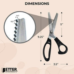 Professional Pinking Shears, 9" Stainless Steel Fabric Pinking Shears, by Better Office Products, Dressmaking Scissors, Zig Zag Cut Scissors, Serrated Blades for Decorative Patterns