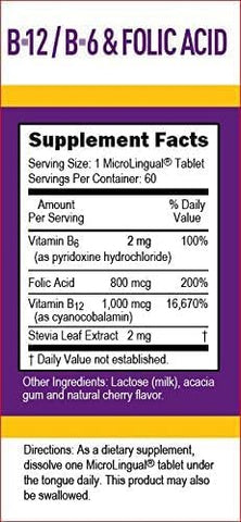 Superior Source No Shot Vitamin B12 (1000 mcg) B6 Folic Acid, Quick Dissolve MicroLingual Tablets, 60 Count, Non-GMO