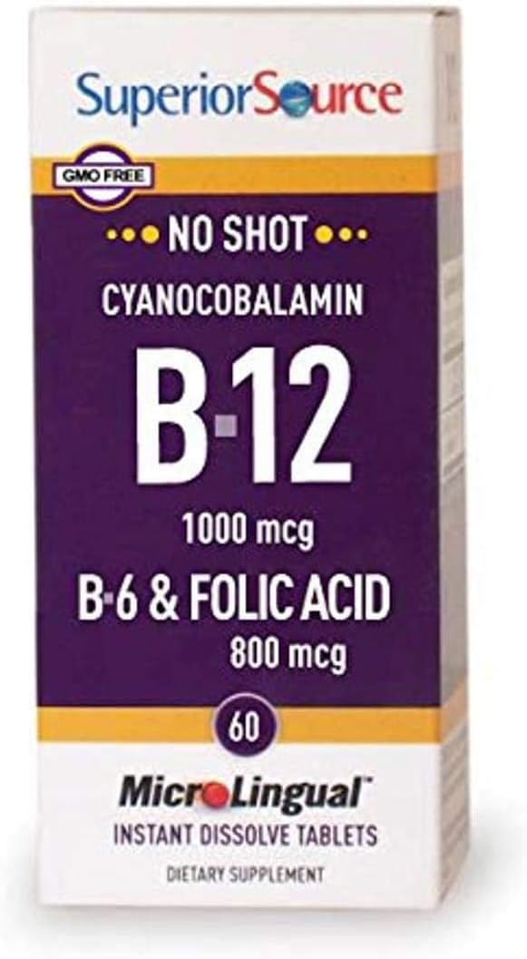 Superior Source No Shot Vitamin B12 (1000 mcg) B6 Folic Acid, Quick Dissolve MicroLingual Tablets, 60 Count, Non-GMO