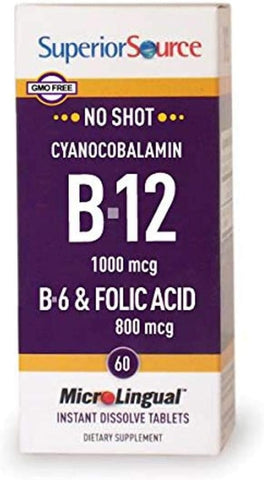 Superior Source No Shot Vitamin B12 (1000 mcg) B6 Folic Acid, Quick Dissolve MicroLingual Tablets, 60 Count, Non-GMO