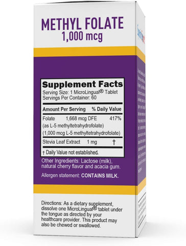Superior Source Methylfolate 5-MTHF 1000 mcg, Quick Dissolve MicroLingual Tablets, 60 Ct, Non-GMO, Gluten-Free