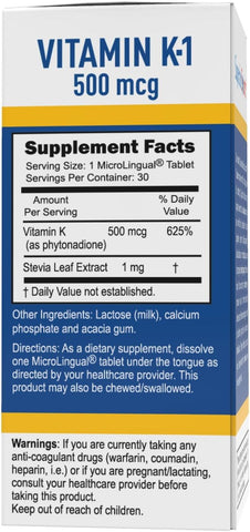 Superior Source Vitamin K1 500mcg MicroLingual Tablets - Supports Healthy Bones, Arteries, & Blood Health - 100 Tablets