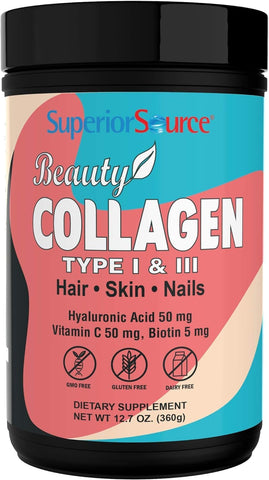 Superior Source Beauty Collagen Peptides (12.7 oz) – Hydrolyzed Types 1 & 3, Hyaluronic Acid, Vitamin C & Biotin