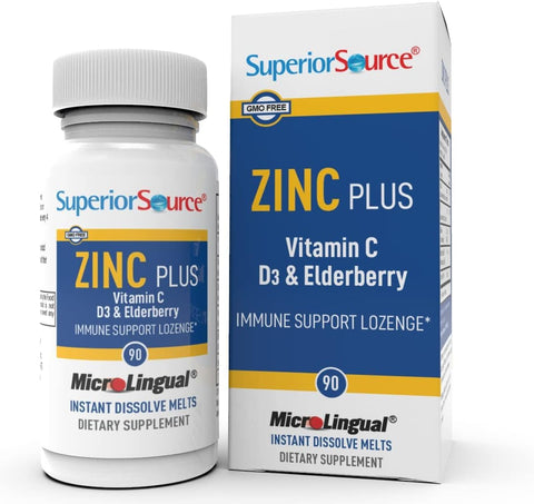 Superior Source Zinc Plus Lozenges - Vitamin C, D3 & Elderberry, 90 Ct - Quick Dissolve MicroLingual Tablets for Immune Support