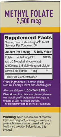 Superior Source Methylfolate 5-MTHF 2,500 mcg, Quick Dissolve Microlingual Tablets for Heart Health & Prenatal, 30 Ct