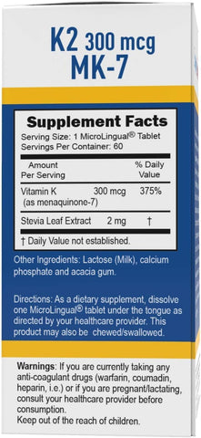 Superior Source Vitamin K2 MK-7 (Menaquinone-7), 300 mcg, Quick Dissolve MicroLignual Tablets, 60 Count, Healthy Bones and Arteries, Immune & Cardiovascular Support, Assists Protein Synthesis
