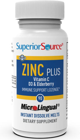 Superior Source Zinc Plus Lozenges - Vitamin C, D3 & Elderberry, 90 Ct - Quick Dissolve MicroLingual Tablets for Immune Support