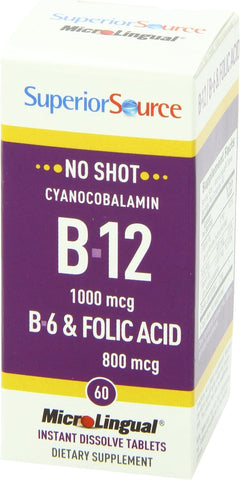Superior Source No Shot Vitamin B12 (1000 mcg) B6 Folic Acid, Quick Dissolve MicroLingual Tablets, 60 Count, Non-GMO