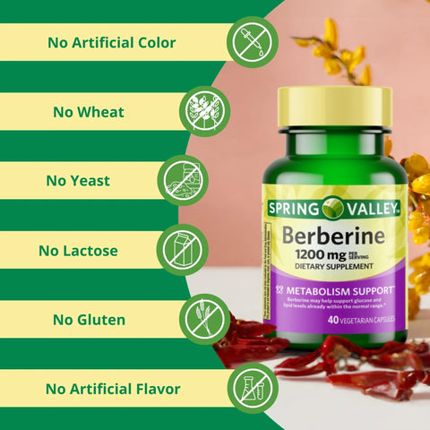 Spring Valley Berberine Metabolism Support Supplement, 1200 mg, 40 Vegetarian Capsules, 20-Day Supply