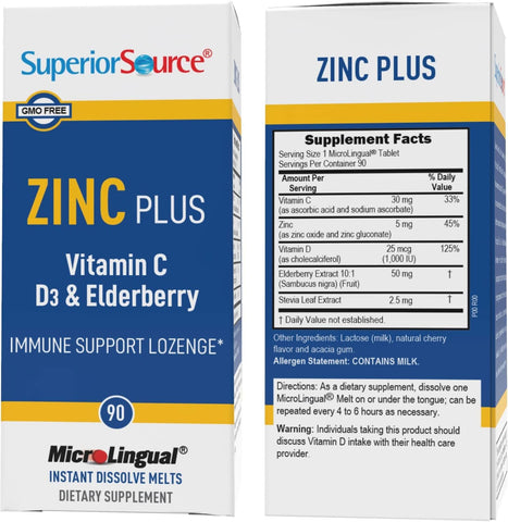 Superior Source Zinc Plus Lozenges - Vitamin C, D3 & Elderberry, 90 Ct - Quick Dissolve MicroLingual Tablets for Immune Support