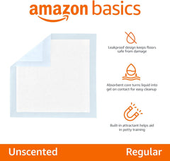 Amazon Basics Dog and Puppy Pee Pads with Leak-Proof Quick-Dry Design for Potty Training, Standard Absorbency, Regular Size, 22 x 22 Inches, Pack of 100, Blue & White