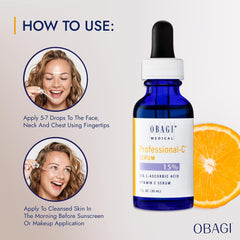 Obagi Professional C Serum 15%, Vitamin C Facial Serum with Concentrated 15% L Ascorbic Acid for Normal to Oily Skin 1.0 Fl Oz