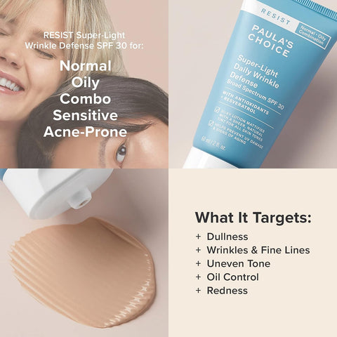 Paula's Choice RESIST Super-Light Daily Wrinkle Defense SPF 30 Matte Tinted Face Moisturizer, UVA & UVB Protection, Mineral Sunscreen for Oily Skin, Fragrance-Free & Paraben-Free, 2 Ounces