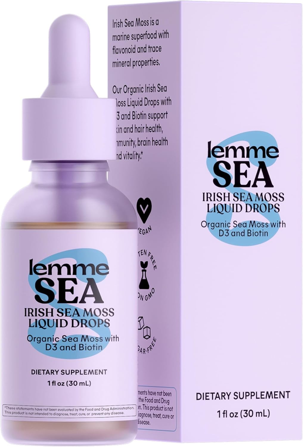Lemme Irish Sea Moss Organic Liquid Drops with Vitamin D3 & Biotin – 1 fl oz, 30 Servings Supports Immunity, Hair, Skin, Nails & Brain Health – Gluten-Free, Sugar-Free, Non-GMO