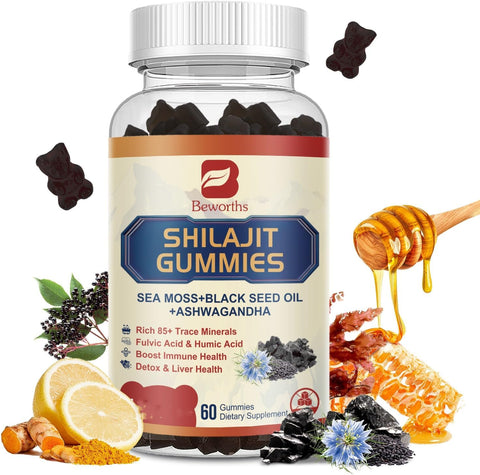 B BEWORTHS Shilajit Resin Gummies – 13-in-1 Supplement with Sea Moss, Ashwagandha, Black Seed Oil, Ginseng, and More – 60 Count