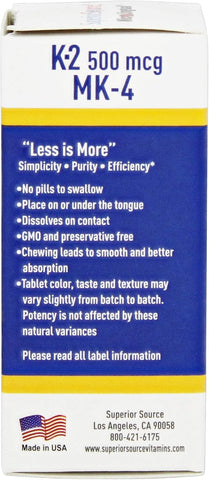 Superior Source Vitamin K2 MK-4 500mcg, Quick Dissolve MicroLingual Tablets, 60 Count – Bone, Artery & Immune Support