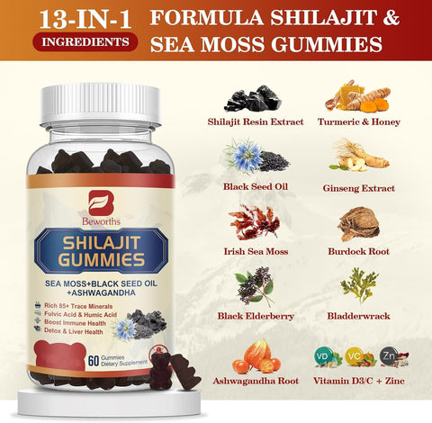 B BEWORTHS Shilajit Resin Gummies – 13-in-1 Supplement with Sea Moss, Ashwagandha, Black Seed Oil, Ginseng, and More – 60 Count