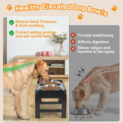 Elevated Dog Bowls, 4 Height Adjustable Raised Dog Bowl Stand with 2 Thick 50oz Stainless Steel Dog Food Bowls Non-Slip Dog Feeder for Large Medium Dogs Adjusts to 3.7", 9.2", 10.75", 12.36" Black