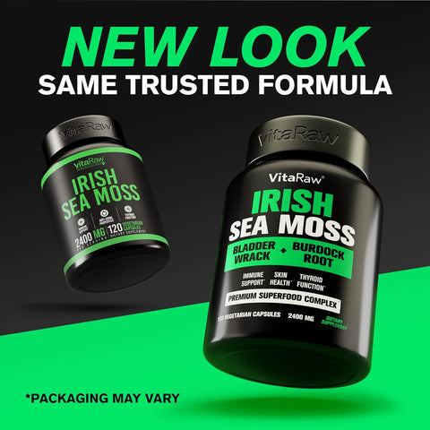 VitaRaw Organic Irish Sea Moss Capsules – 2400mg | Burdock Root, Bladderwrack & Black Pepper | Immune, Gut & Joint Support | 120 Vegan Capsules