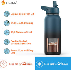 CIVAGO 32 oz Insulated Water Bottle With Straw, Stainless Steel Sports Water Cup Flask with 3 Lids (Straw, Spout and Handle Lid), Wide Mouth Travel Thermal Mug, Black