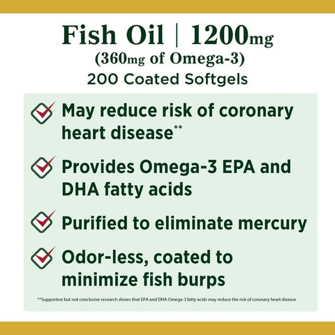 Nature’s Bounty Fish Oil Softgels with Omega-3 Fatty Acids for Heart Health, 1200 mg, 200 Ct