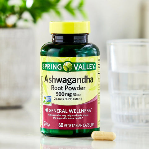 Spring Valley Ashwagandha Root Powder General Wellness Dietary Supplement Vegetarian Capsules, 500 mg, 60 Count