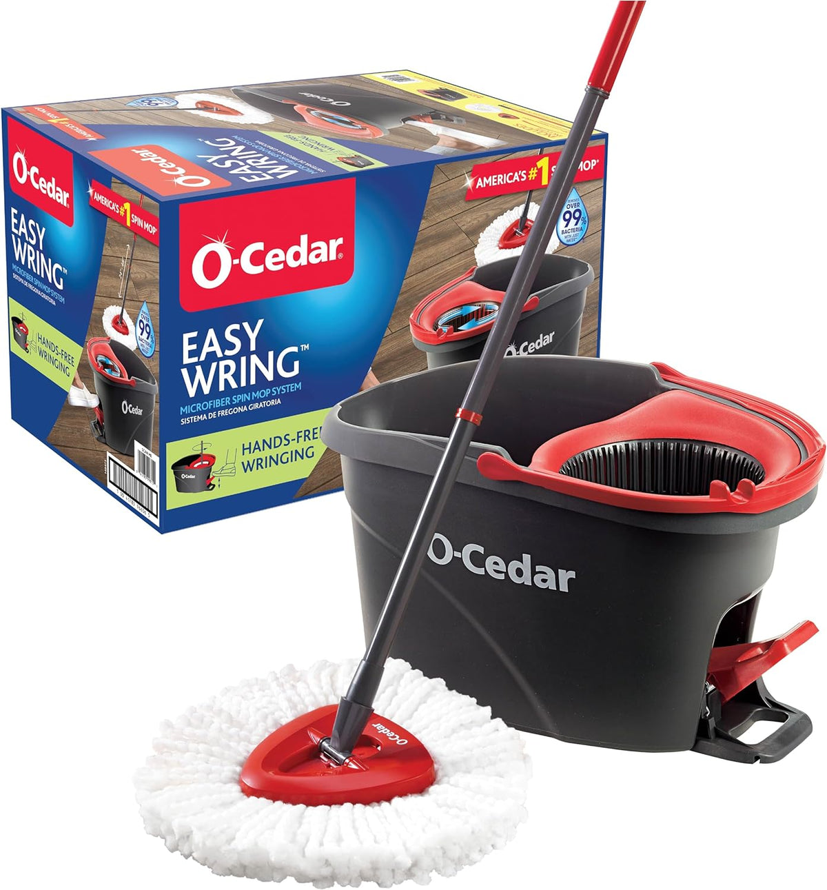 O-Cedar EasyWring Microfiber Spin Mop, Bucket Floor Cleaning System, Red, Gray