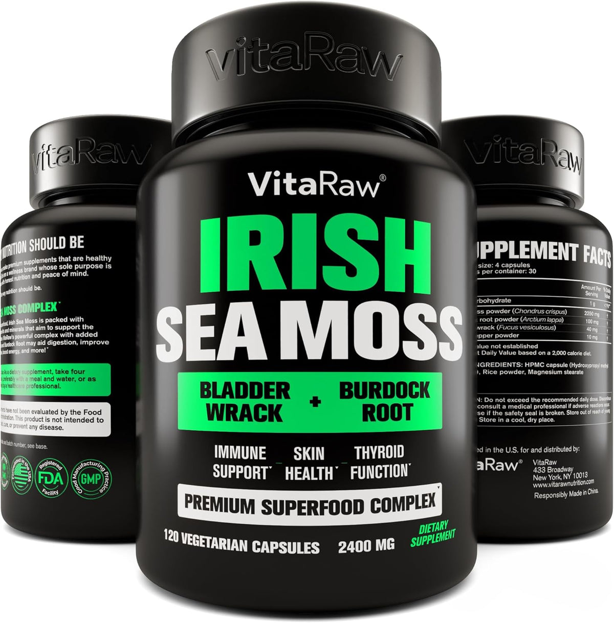 VitaRaw Organic Irish Sea Moss Capsules – 2400mg | Burdock Root, Bladderwrack & Black Pepper | Immune, Gut & Joint Support | 120 Vegan Capsules
