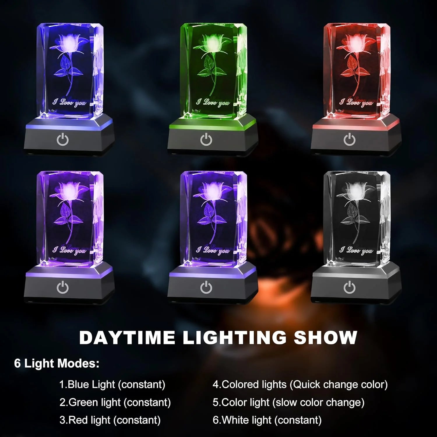 Valentines Day - color changeable LED light base 3D Rose Crystal 