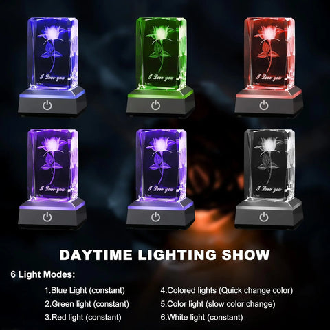 Valentines Day - color changeable LED light base 3D Rose Crystal 