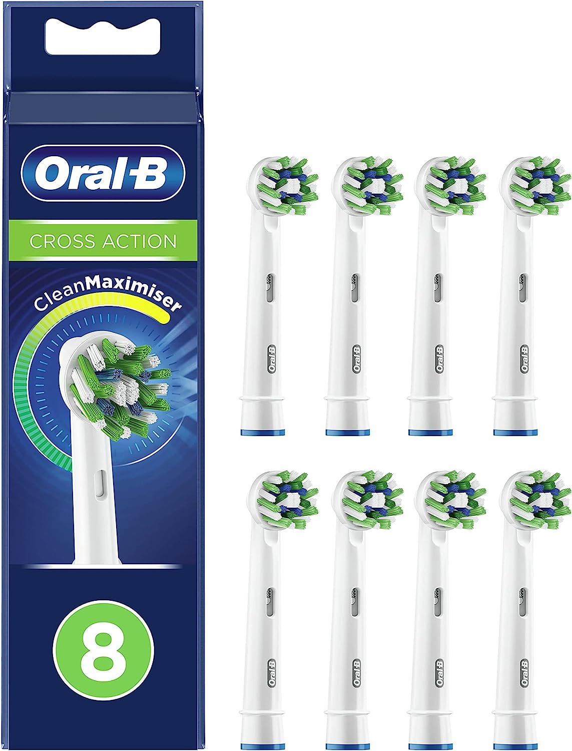 Oral-B Cross Action Electric Toothbrush Head with CleanMaximiser Technology, Angled Bristles for Deeper Plaque Removal, Pack of 8 Toothbrush Heads, Suitable for Mailbox, White