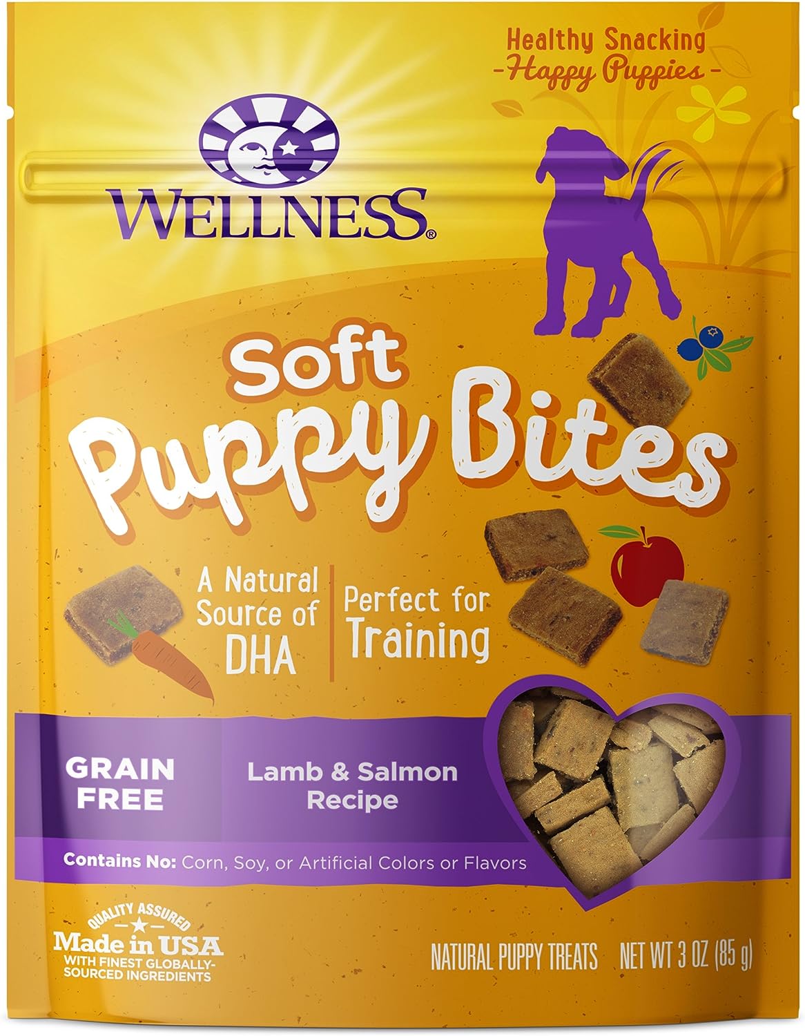 Wellness Soft Puppy Bites Natural Grain-Free Treats for Training, Dog Treats with Real Meat and DHA, No Artificial Flavors (Lamb & Salmon, 3-Ounce Bag)