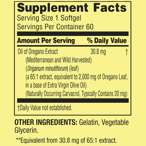Spring Valley Mediterranean Oil of Oregano Extract Herbal Supplement Softgels, 2,000 mg, 60 Count