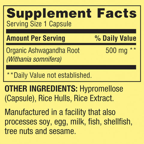 Spring Valley Ashwagandha Root Powder General Wellness Dietary Supplement Vegetarian Capsules, 500 mg, 60 Count