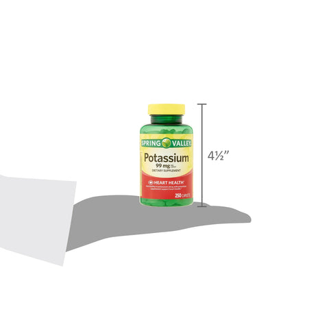 Spring Valley Potassium Heart Health Dietary Supplement Caplets, 99 mg, 250 Count