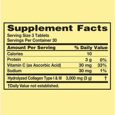 Spring Valley Collagen Type 1 & 3 Plus Vitamin C Hair, Skin & Nails Supplement Tablets, 1,000 mg, 90 Count