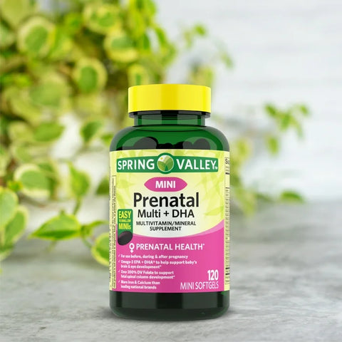 Spring Valley Mini Prenatal Multi + DHA Complete Multivitamin/Multimineral Supplement Mini Softgels, 120 Count