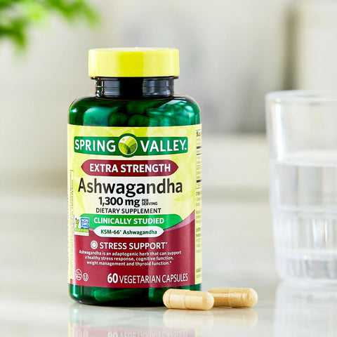 Spring Valley Extra Strength Ashwagandha Dietary Supplement, 1300 mg, 60 Vegetarian Capsules